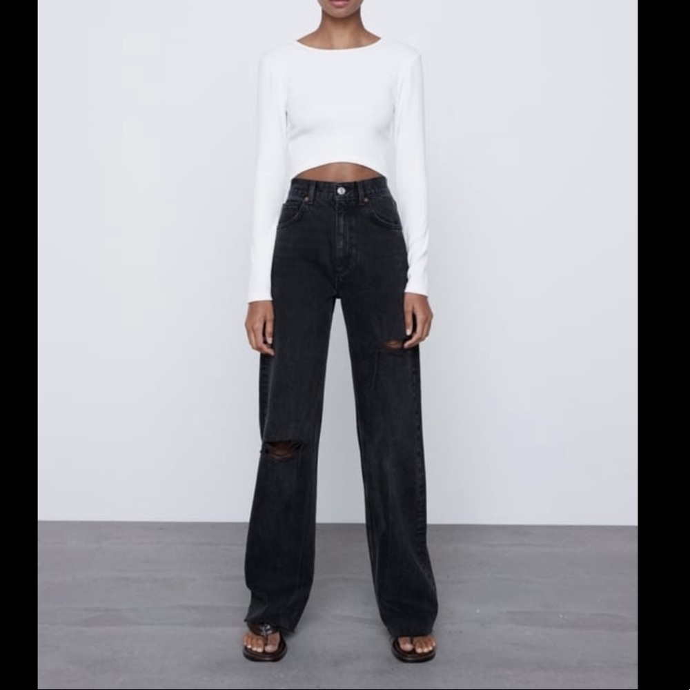 Zara ripped full length hi rise wide jeans
